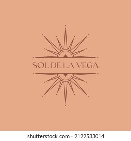 Vector bohemian logo design template with sun,star and sunburst.Boho linear icon or symbol in minimal style.Modern celestial emblem.Branding design.Letters with Sol de la Vega means Sun of the Valley