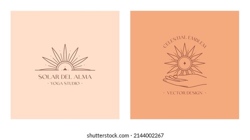 Vector bohemian logo design templates with hand holding sun.Boho linear icons or symbols in minimalist style.Modern celestial emblems.Branding design.Letters with Solar del Alma means Sun of the Soul