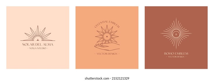 Vector bohemian logo design templates with hand holding sun.Boho linear icons or symbols in minimalist style.Modern celestial emblems.Branding design.Letters with Solar del Alma means Sun of the Soul