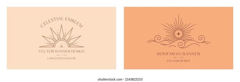 Diseños de logotipos vectores bohemios con ondas solares, nubes o marinas y rayos de luz.Iconos o símbolos lineales Boho de estilo minimalista.emblemas celestes modernos.Diseño de marca, banner web, plantillas de medios sociales.