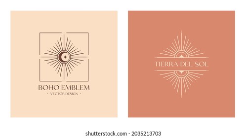 Vektorböhmische Logos-Designvorlage mit Sonne, Halbmond und Lichtstrahlen.Lineare Symbole oder Symbole von Boho im trendigen Minimalstil.Himmelszeichen.Buchstaben mit Tierra del Sol bedeutet das Land der Sonne