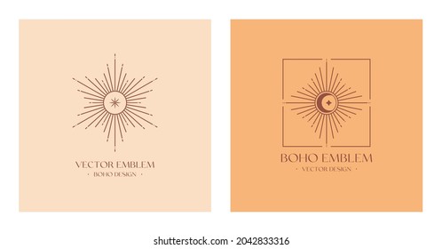 Vector bohemian logos design template with sun,crescent moon and light rays.Boho linear icons or symbols in trendy minimalist style.Modern celestial emblems.Branding design templates.