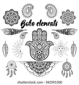 Vector bohemian ornamental elements, ethnic makhenda,  hand drawn boho tattoo design in doodle style. Zentangle patterned illustration isolated on background. Henna spirituality.
