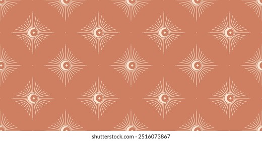 Vetor boêmio padrão sem emenda com sol, lua crescente e sunburst.Boho símbolos lineares em estilo minimalista moderno.Modern celestial wallpaper.Branding e modelo de design de embalagem.