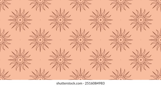 Vector bohemian seamless pattern with sun,star and sunburst.Boho linear emblems in trendy minimalist style.Celestial decoration background.Branding  and packaging design template.