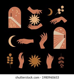 Vector bohemian set. Magical hands with aesthetic contemporary arch, half moon and sun. Flat cartoon modern illustration