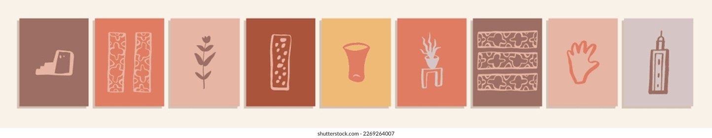 Vector boho abstract set of Morocco-inspired hand drawn posters. Abstract organic aesthetic wall art. Esoteric Bohemian Moroccan wall art illustration. Medina architecture pottery earth tone postcards