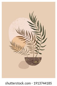Vector boho aesthetic abstract botanical wall art poster print. Midcentury modernist design, neutral natural colors. Bohemian organic style peaceful tranquil poster, cover. Potted plant illustration