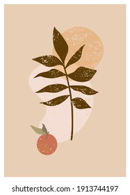 Vector boho aesthetic abstract botanical wall art poster print. Scandinavian design, neutral natural colors. Bohemian style collage. Mid Century Modern design. Plant fruit poster artistic illustration