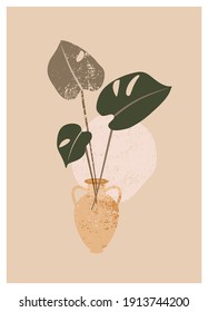 Vector boho aesthetic abstract botanical wall art poster print. Scandinavian design, neutral natural colors. Bohemian style collage. Mid Century Modern design. Plant vase poster artistic illustration