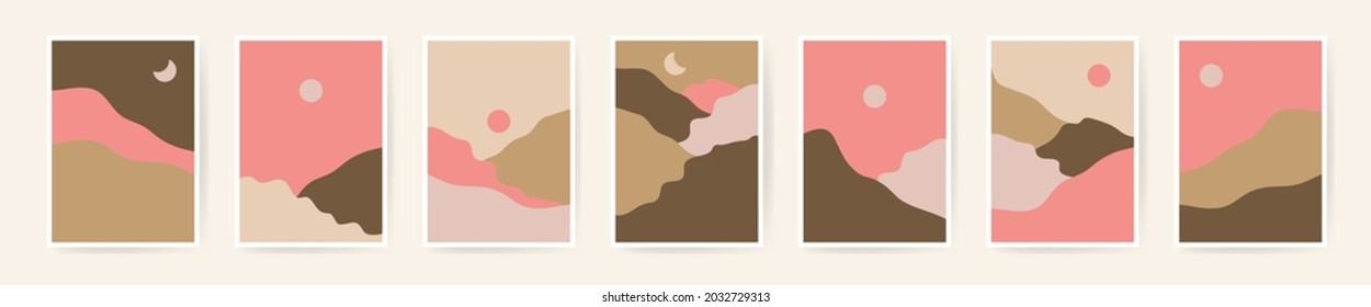 Vector boho aesthetic abstract botanical wall art posters. Scandinavian design, neutral natural colors bohemian collage wall prints. Midcentury Modern design. Mountain sun moon posters