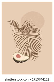 Vector boho aesthetic artistic abstract botanical wall art poster print. Scandinavian design, neutral natural colors. Bohemian avocado collage. Midcentury modernism plant fruit poster art illustration