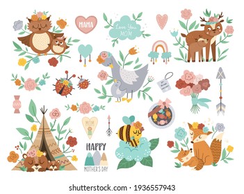 Vector boho baby animals with parents. Funny woodland animal scene showing family love. Cute big Mothers Day design elements collection. Mother and child clipart for card, print, poster
