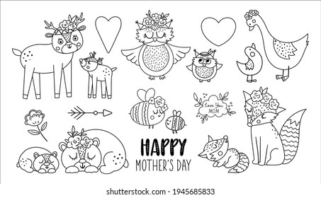 Vector boho baby animals with parents. Funny woodland animal scenes showing family love. Cute Mothers Day design elements collection. Mother and child clipart for card, print, poster
