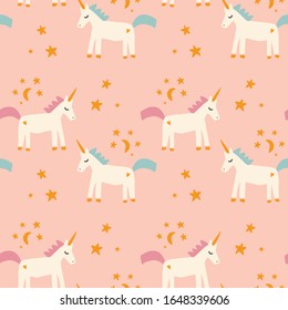 Vector boho baby unicorn seamless pattern, girl party horse, fairytale pony background, princess wall paper art