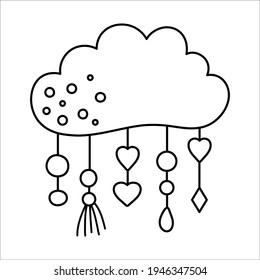 Vector boho black and white cloud with pendants. Bohemian line icon isolated on white background. Celestial ornate outline illustration.
