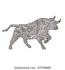  Vector boho bull for  coloring book for both adult and children, T - Shirt graphic, poster and other decorations