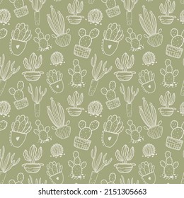 Vector boho cactus seamless pattern. Plants in a flower pot and succulents. Warm color illustration.