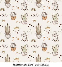 Vector boho cactus seamless pattern. Plants in a flower pot and succulents. Warm color illustration.