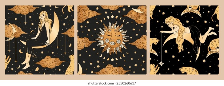 Vector celestial mágico místico sin fisuras patrones de oro negro cósmico Sun Girl Stars Magic Night Skies