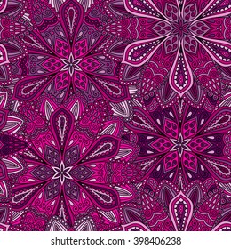 Vector boho chic flower seamless pattern. Elegant floral background for wallpaper, gift paper, fabric print, furniture, curtains. Mandala design element. Unusual flourish ornament. Pink, lilac, purple