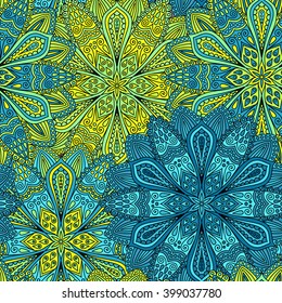 Vector boho chic flower seamless pattern. Elegant floral background for wallpaper, gift paper, fabric print, furniture, curtains. Mandala design element. Unusual flourish ornament. Blue, green, yellow