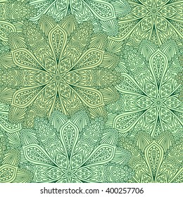 Vector boho chic flower seamless pattern. Elegant floral background for wallpaper, gift paper, fabric print, furniture, curtains. Mandala design elements. Unusual flourish ornament. Light green colour