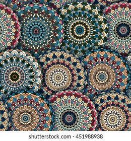 Vector boho chic flower seamless pattern. Elegant floral background for wallpaper, gift paper, fabric print, furniture, curtains. Mandala design element. Unusual flourish ornament. Blue, pink, beige