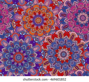 Vector boho chic flower seamless pattern. Elegant floral background for wallpaper, gift paper, fabric print, furniture, curtains. Mandala design element. Unusual flourish ornament. Pink, lilac, purple