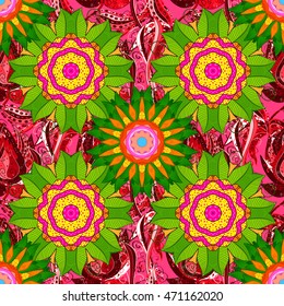 Vector boho chic flower seamless pattern. Mandala design element. Unusual flourish ornament. Blue, green, yellow, lilac, orange. Vector illustaration.