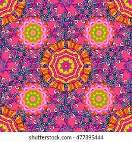 Vector boho chic flower seamless pattern. Elegant floral background for wallpaper, gift paper, fabric print, furniture, curtains. Mandala design element. Unusual flourish ornament. Pink, lilac, purple