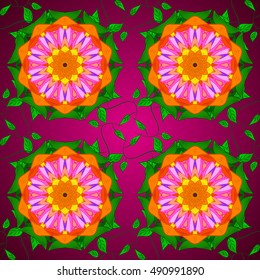Vector boho chic flower seamless pattern. Mandala design element. Unusual flourish ornament. Green, yellow, lilac, orange. Vector illustaration.