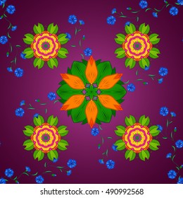 Vector boho chic flower seamless pattern. Mandala design element. Unusual flourish ornament. Blue, green, yellow, lilac, orange. Vector illustaration.