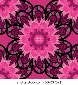 Vector boho chic flower seamless pattern. Mandala design element. Unusual flourish ornament. Pink, red. Vector.