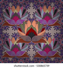 Vector boho chic flower seamless pattern. Pink lotus. Yellow flowers.