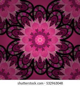Vector boho chic flower seamless pattern. Mandala design element. Unusual flourish ornament. Pink, red. Vector.