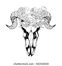 Vector boho chic goat skull in flower wreath. Hand drawn engraving bohemian chic illustration. Animal bone and horns decorated with peony burgeon.