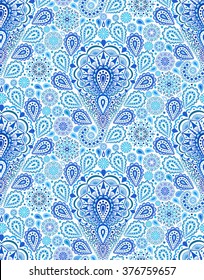 Vector Boho Chic Paisley Seamless Pattern. Elegant Oriental Background For Wallpaper, Gift Paper, Fabric Print, Furniture. Mandala Design Element. Unusual Flourish Blue Ornament. Sea Water Motif.