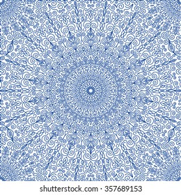 Vector boho chic seamless pattern. White blue oriental background for wallpaper, gift paper, fabric print, furniture. Mandala design element. Unusual flourish line ornament. Abstract weave flower.