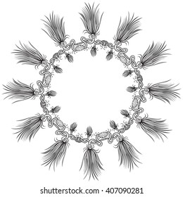 Vector boho chic style t-shirt print template with oriental motives. Symmetrical circle with knots and tassels.