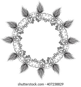 Vector boho chic style t-shirt print template with oriental motives. Symmetrical circle with knots and tassels.