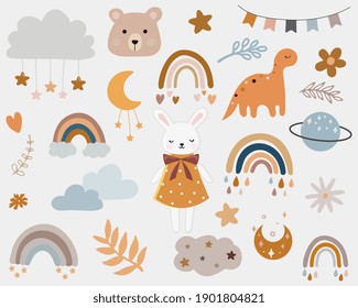 Vector  boho clipart for nursery decoration with cute rainbows, moon, bunny , cloud, stars. Modern illustration. Perfect for baby shower, birthday, children's party. 