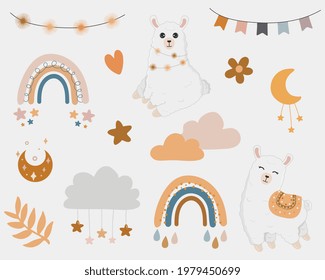 Vector  boho clipart for nursery decoration with cute rainbows, moon, alpaca, llama, cloud, stars. Modern illustration. Perfect for baby shower, birthday, children's party. 