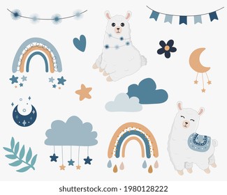 Vector  boho clipart for nursery decoration with cute rainbows, moon, alpaca, llama, cloud, stars. Modern illustration. Perfect for baby shower, birthday, children's party. 