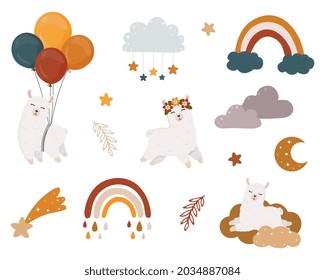 Vector  boho clipart for nursery decoration with cute alpaca (llama), rainbows, moon, cloud, stars. Modern illustration. Perfect for baby shower, birthday, children's party. 