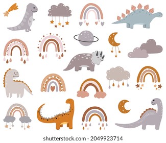 Vector boho clipart for nursery decoration with cute dinosaur, rainbows, moon, cloud, stars. Modern illustration. Perfect for baby shower, birthday, children's party. 