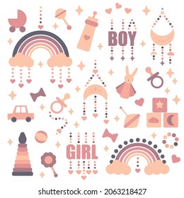 Vector boho clipart for nursery decoration with cute rainbows and moon, cloud, dream catcher. Doodle modern illustration. Perfect for baby shower, birthday, kids party. Newborn accessories.