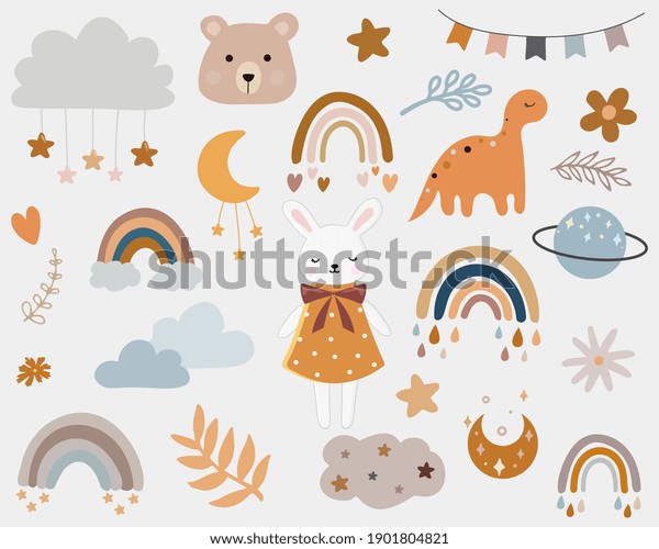 Vector  boho clipart for\
nursery decoration with cute rainbows, moon, bunny , cloud, stars.\
Modern illustration. Perfect for baby shower, birthday, children\'s\
party. 
