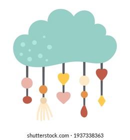 Vector boho cloud with pendants. Bohemian icon isolated on white background. Celestial ornate illustration.
