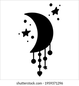 Vector boho crescent silhouette with pendants. Bohemian black horizontal half moon icon isolated on white background. Celestial ornate shadow illustration with stars.
